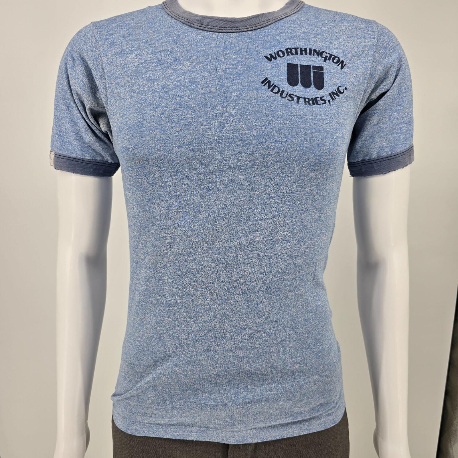 Vintage 1970s/1980s Worthington Industries Inc. Heather Blue Ringer T-Shirt (XS)