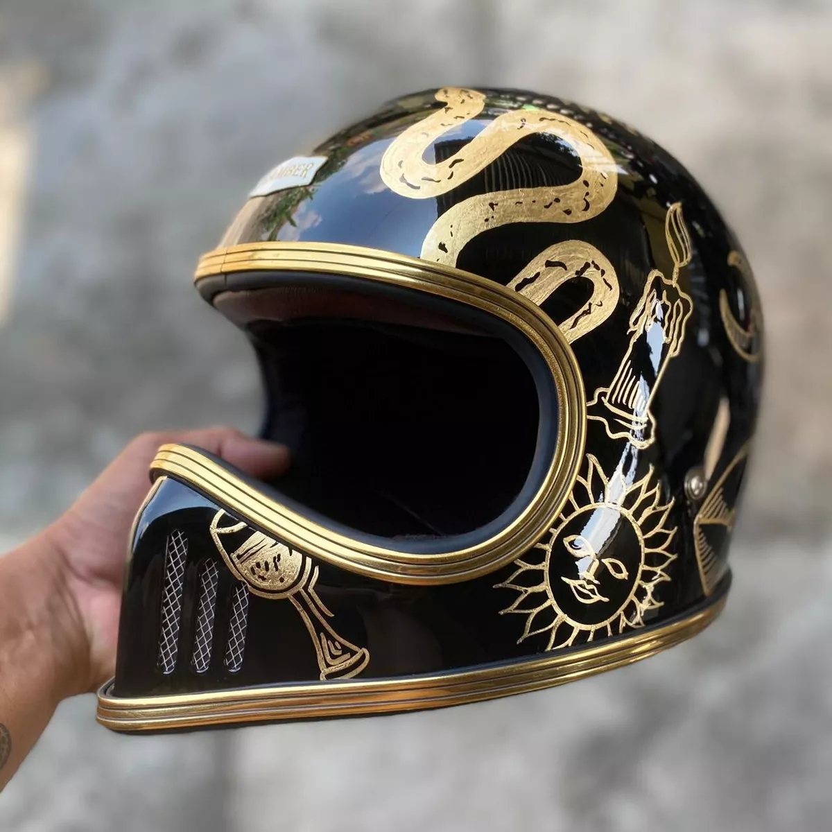VINTAGE CUSTOM HELMET DRACO BLACK GOLD DRAWING CHOPPER BOBBER