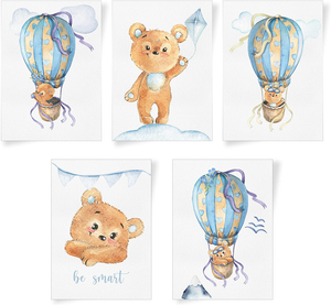 Set De 5 Affiches Pour Chambre Bebe Nounours En Montgolfiere Bleue Ebay