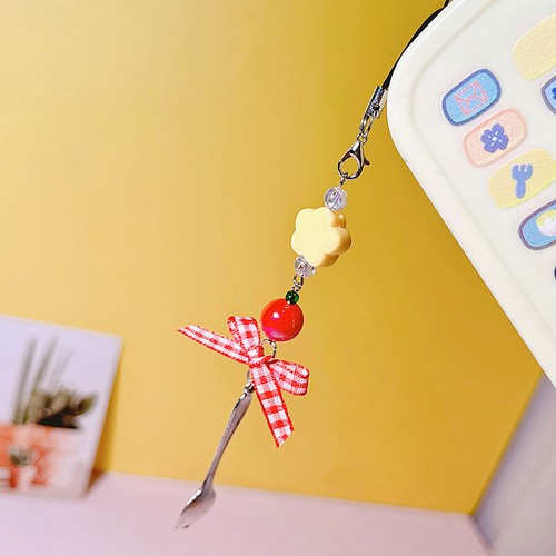 Red Plaid Ribbon Spoon Mobile Phone Chain Pendant Keychain Lanyard Camera Ch _xa - Zdjęcie 2 z 7