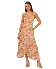 Adrianna Papell Chiffon Dress Ruffled Hi-Low Maxi Pink Floral Size 12 NWT $245