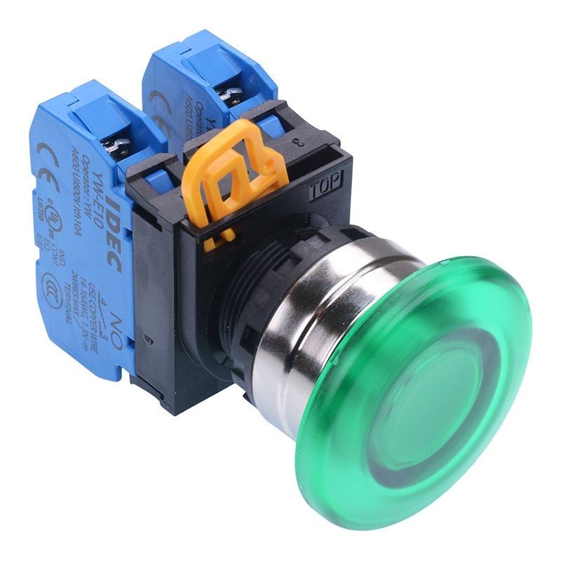 IDEC Green 22mm Metal Bezel Mushroom Maintained Push Button Switch 2NO IP65