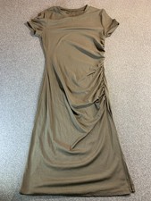 Shein Midi Dress Women's Medium Olive Green Ruched Side Slit Short Sleeve Preppy