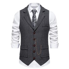 Men's Lapel Chain Vest Tweed Pockets Suit Vest British Casual Gentleman Party