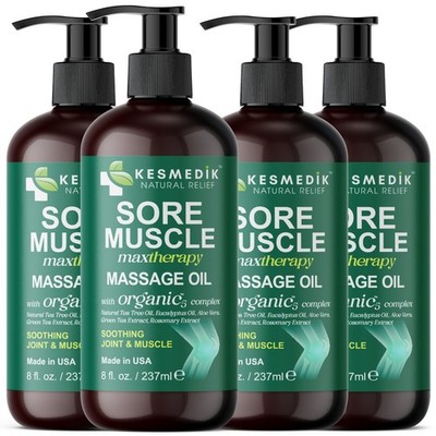 Sore Muscle Massage Oil 8 oz 4-Pack Arnica Eucalyptus Tea Tree Deep Relief