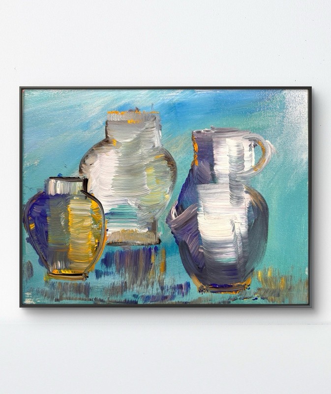 Original Abstract Expressionism 11x14 3 Pots Handmade Signed Unique Fine Art 99