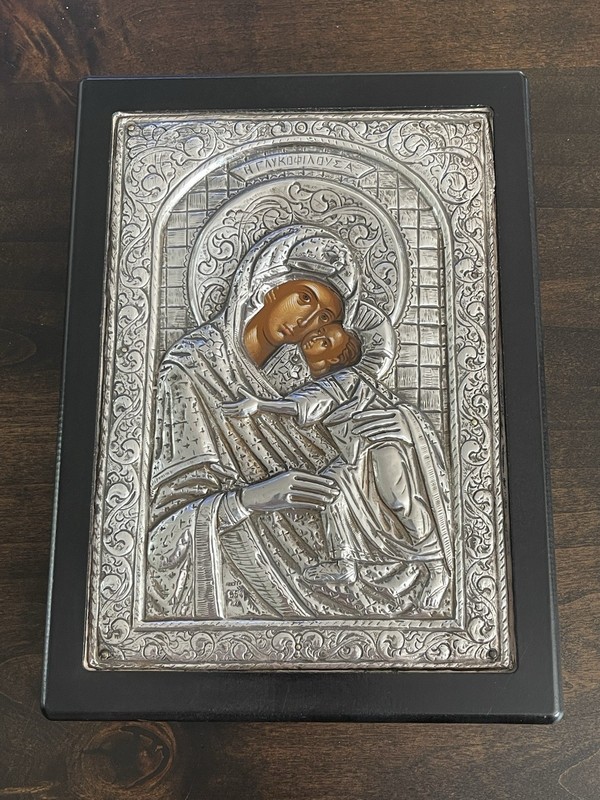 Vintage Greek Byzantine 950 Silver Icon Virgin Mary Child Angels Framed Plaque