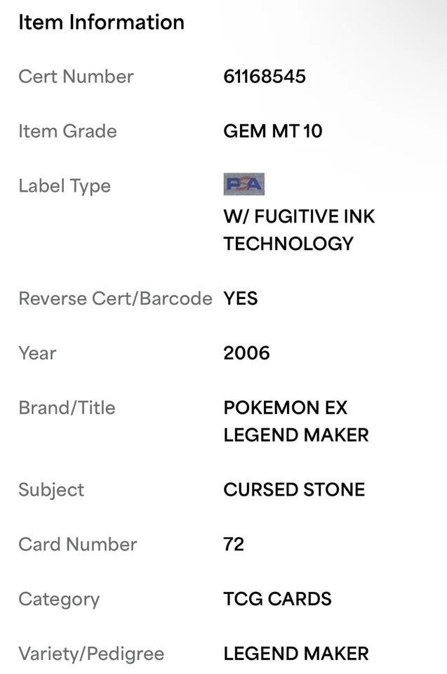 Pokemon Cursed Stone EX Legend Maker #72 PSA 10 Gem Mint POPULATION 3 LOW POP - Image 3 of 3