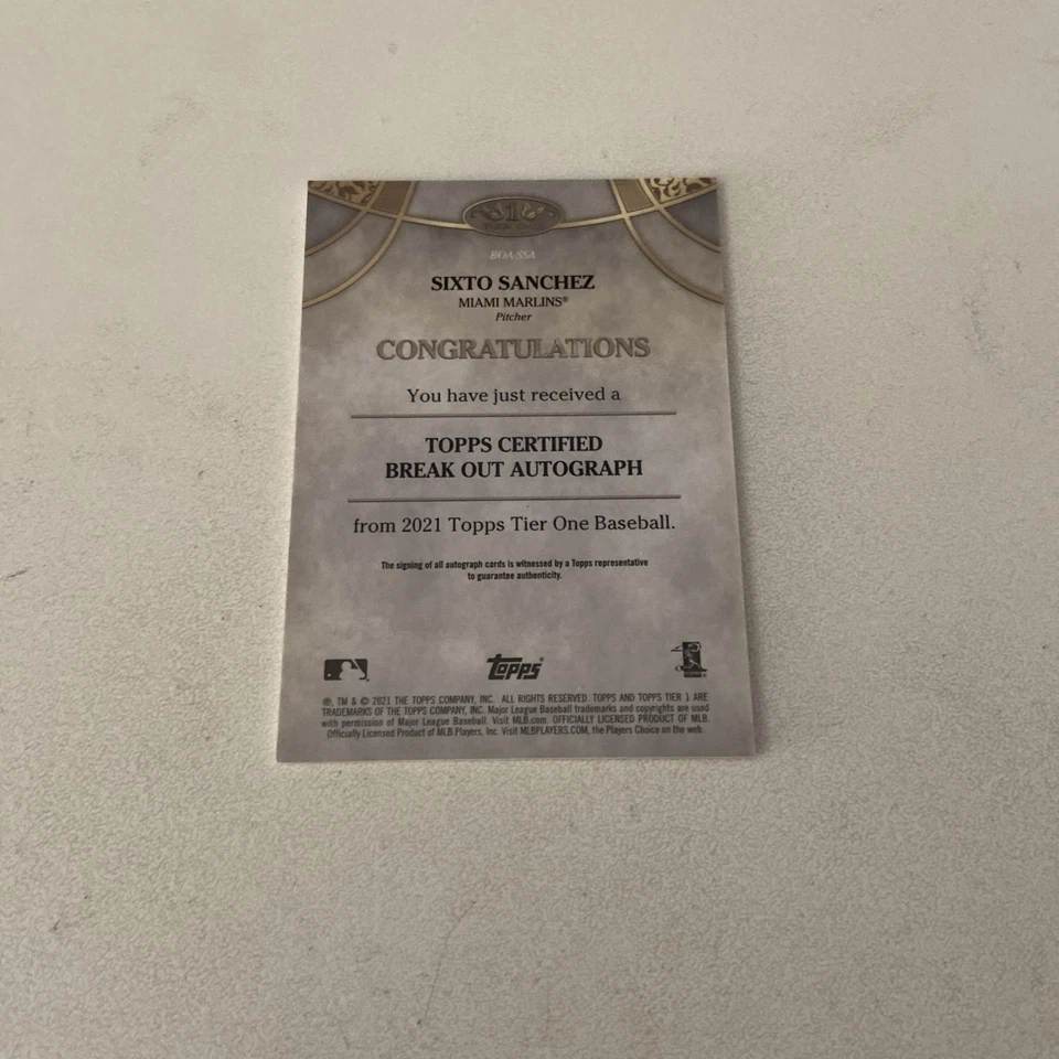 2021 Topps Tier One - Breakout Autographs Sixto Sanchez #BOA-SSA /275 (AU, RC) - Image 2 of 4