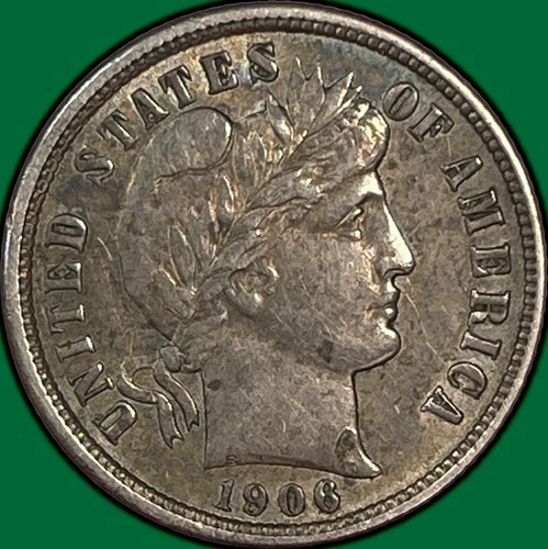 1906 Barber Dime Silver Almost Uncirculated AU Coin, Damage on Neck #33346