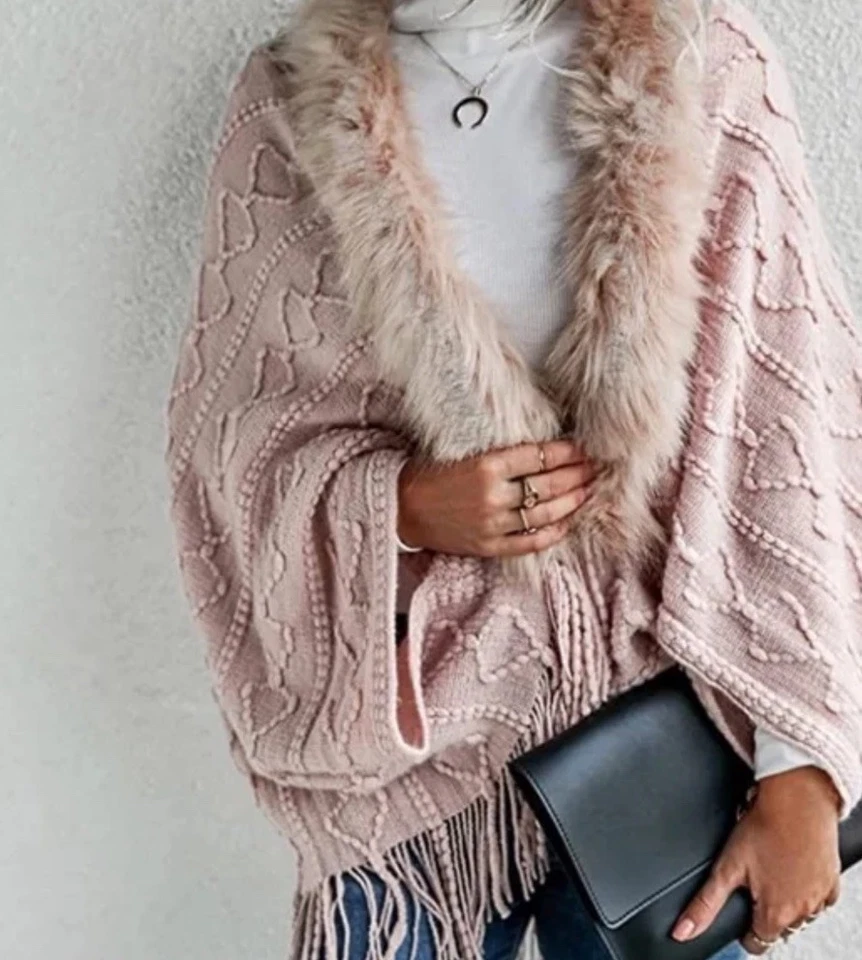 Cardigã feminino texturizado com franjas acabamento de pele sintética aberto em blush rosa OSFM NOVO COM ETIQUETAS - Imagem 4 de 4