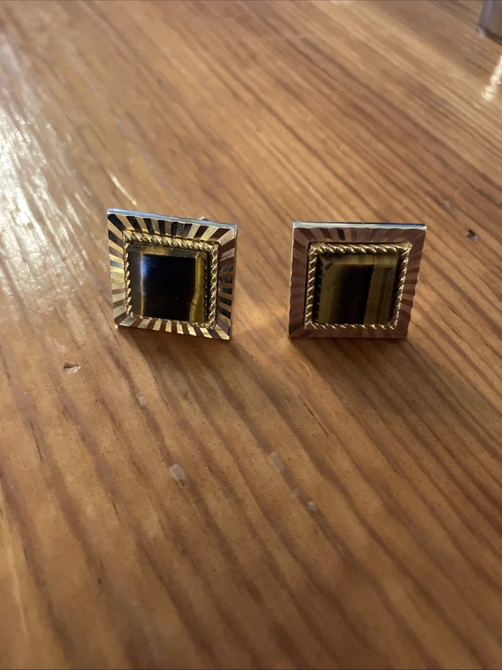 Gemelos cuadrados vintage años 70 modernistas ojo de tigre piedra tono dorado para hombre Foto 2 de 4