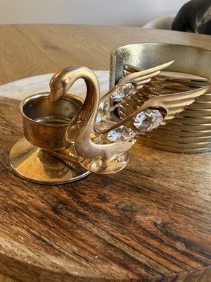 Mascot Int'l Inc. Gold Swan Candle Holder Polished Metal with Crystal Accents