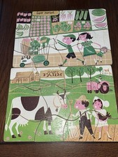 2 Vintage Wooden Puzzle Double Sided 4 Pictures OLD 12 Pieces Farm Zoo Market 1