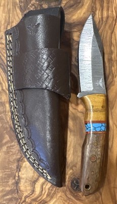 Hometown Knives 8  Persian Fire Damascus Knife W/Wood & Turquoise Handle New