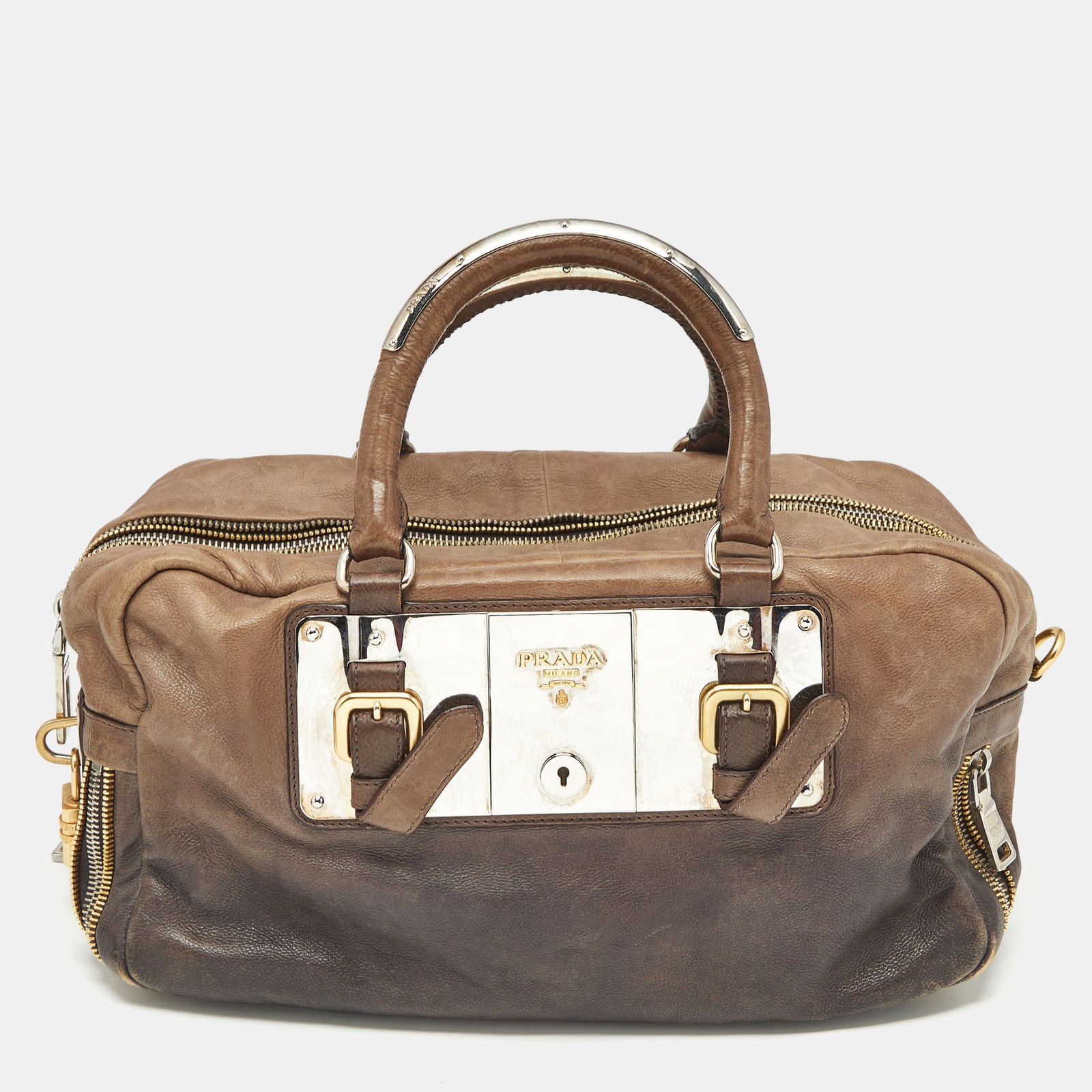 Prada Bauletto Bag in Ombre Brown Glace Leather with Zipper Details  