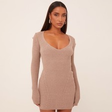 Ego Long Sleeve Scoop Neck Shoulder Detail Mini Bodycon Dress In Brown Knit S