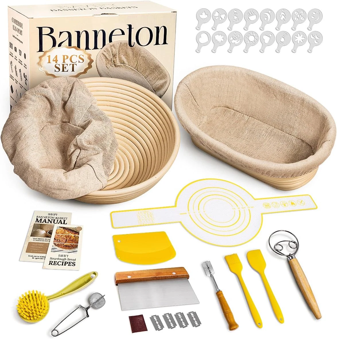 Sourdough Starter Kit, 9" round & 10" Oval Banneton Bread Proofing Baskets Set,
