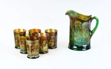 Northwood Iridescent Carnival Glass Pitcher and 6 Tumblers- Singing Bird Pattern