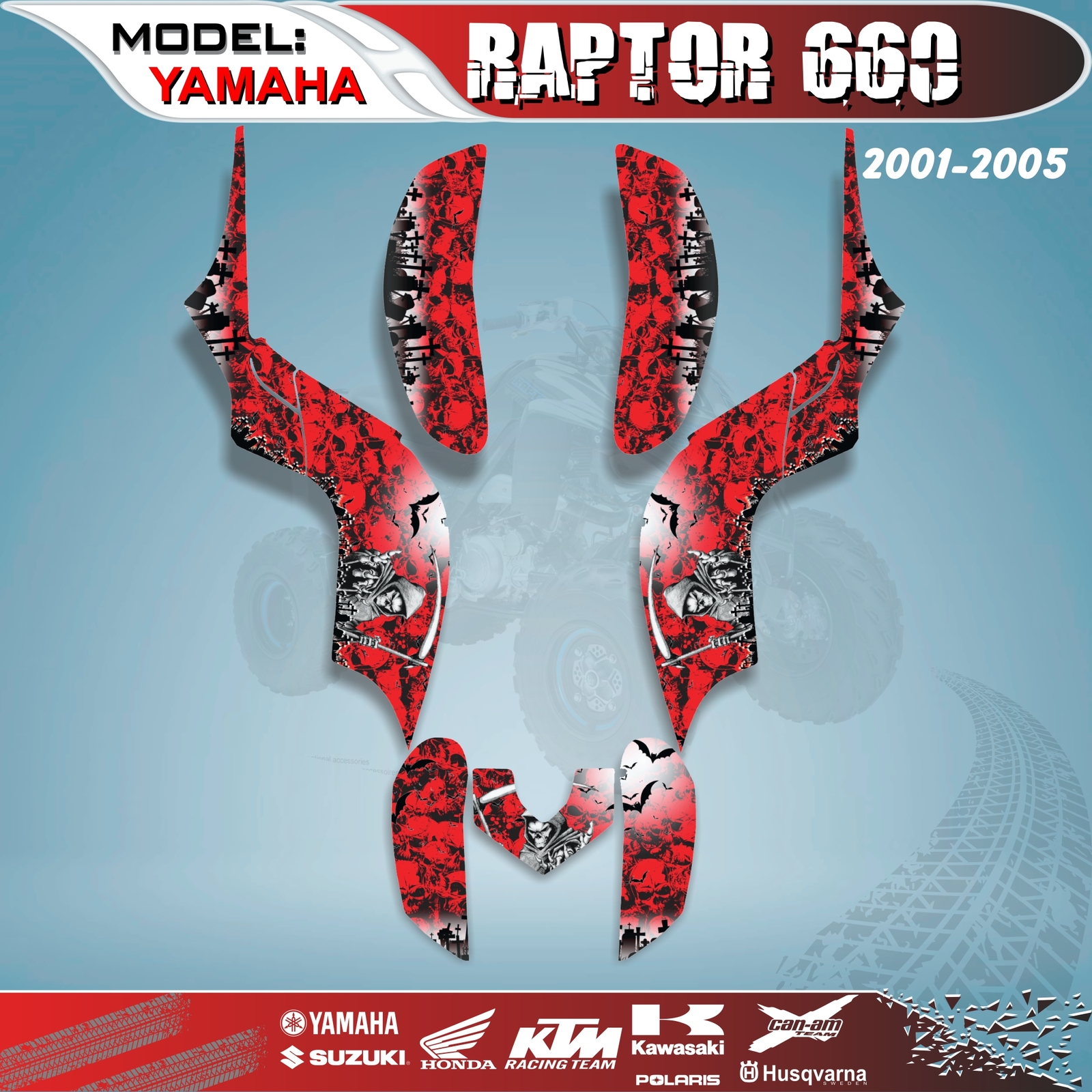 Graphic Kits Decal Decals Stickers Kit Reaper Red 4 Yamaha Raptor 660 ...