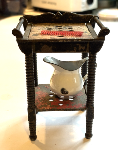 Vintage Miniature Metal Washstand for Dollhouse w/ Enamel Pitcher and Plast Comb