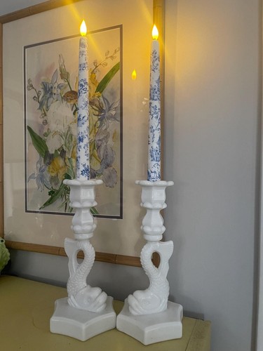Toile Traditional Blue White Taper Candles Set of Two Battery Operated - Picture 2 of 7