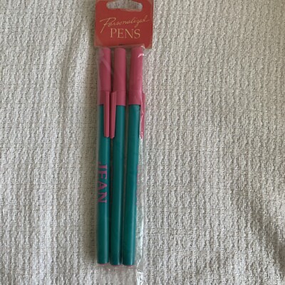 Vintage Bic Pens Personalized Name ''Jean'' Pink Caps Green 3 Pack NOS Blue Ink
