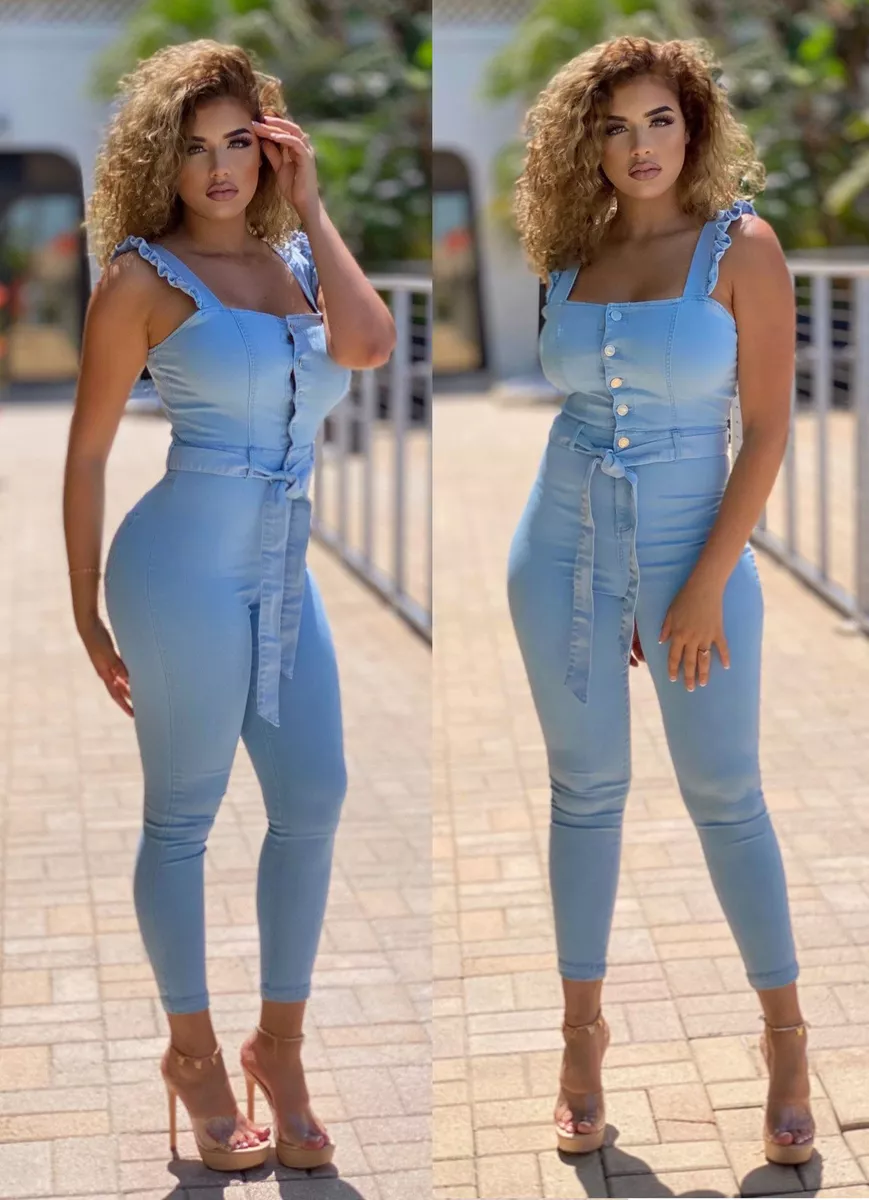 Sexy Women Ruffle Strap Denim Tie Jumpsuit Skinny Party Romper Overall  Pants