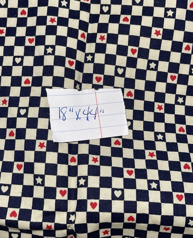 Red White Blue Patriotic Fabric Checkered Hearts & Stars 18 X 44” Cotton - Image 4 of 4
