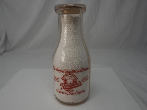Vintage Ralph's Grocery Glass Creamer Bottle Advertising Ice Cream Script w/Cap