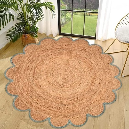 Natural Jute Scallop Round Rug, Scalloped Edge Rug Braided Boho Eco Large Rug - Picture 42 of 55
