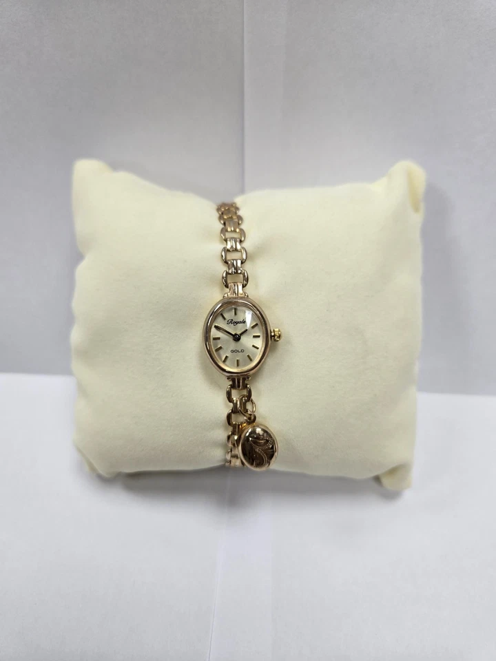 Royale Oval Champagne Face 9ct Gold Ladies Wrist Watch with Locket - BRAND NEW - Image 2 of 4