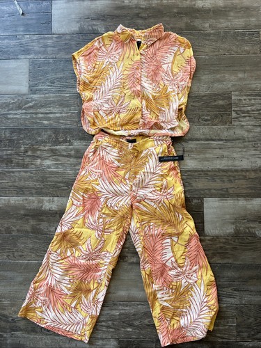 Tahari Women Outfit Top Wide Leg Pants Linen Tropical Beach Size Small