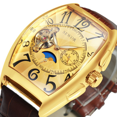 SEWOR Luxury Gold Automatic Watch for Men Tourbillon Moon Phase Skeleton Mechani