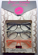 3 Pair Betsey Johnson Readers NEW Reading Glasses Black Grey Pink 1.50