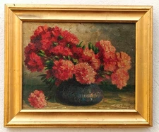 Authentic Still Life Painting with Red Carnations signed J. Vrancx 🇧🇪