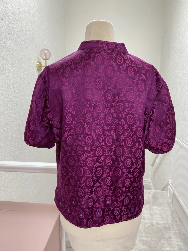 Vintage Monsoon Size 16 Paisley Silk Top Embroidered Sequin Magenta Blouse - Image 3 of 4