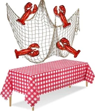 6 Pcs Crawfish Boil Party Decorations Lobster Balloons, Tablecloth & Fish Net