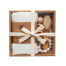 Newborn Baby Gift Set Bamboo Muslin Swaddle Beech Wood Rattles Toys Wool Brush