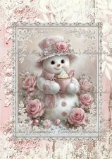 Shabby Chic Snowgirl & Hot Cocoa Designer Cotton Fabric Quilt Block Multi-size