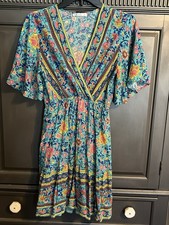 Cupshe Gertie S Elastic Waist V-Neck Boho A Shaped Dress Turquoise Floral Print