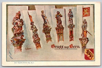Gruss aus Bern Switzerland Fountains Statues SAPAG Pagnard Postcard c1900s AA915