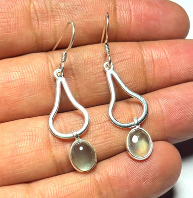 Prehnite Teardrop Oval Gemstone Earrings 925 Sterling Silver Handmade Boho Jewel