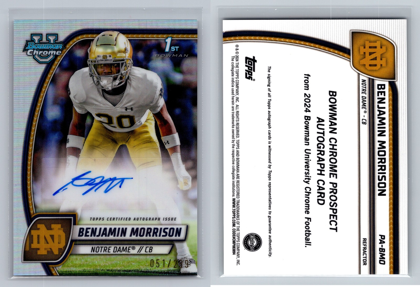 2024 Bowman Chrome #PA-BMO Benjamin Morrison Prospect Autographs Refractor #/299