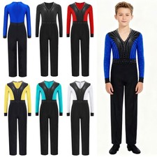 Kids Boys Rhinestone Latin Ballet Dance Leotard Long Sleeve Jumpsuit Dancewear