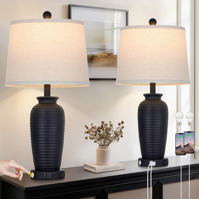 Retro Black Farmhouse Table Lamps Set of 2 with USB Ports & Touch Control