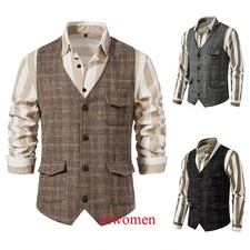 Men's Plaid Tweed Vest Vintage Single-breasted Waistcoat England Style Suit Vest