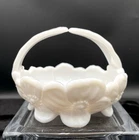 Vintage Westmoreland Glass Split Handle Round Pansy Basket, #757, Milk Glass