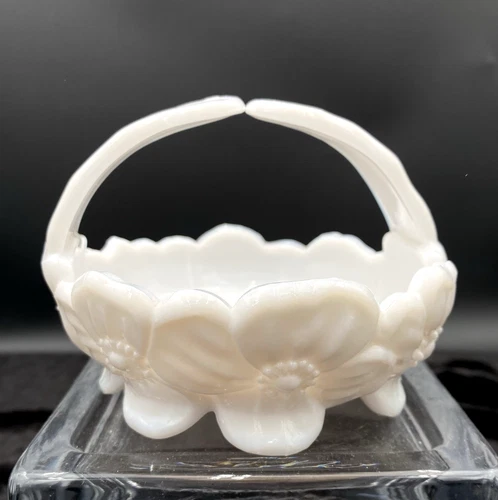 Vintage Westmoreland Glass Split Handle Round Pansy Basket, #757, Milk Glass