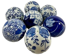 Pier 1 Carpet Balls 3” Set Of Seven (7) Blue White Porcelain Floral Spheres